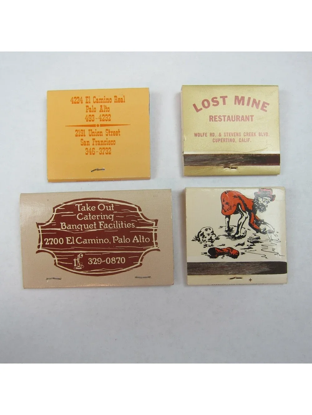 4 Matchbook Covers Tarr & Feathers Saloon, Lost Mine, Antique A, Shirt Tail CA